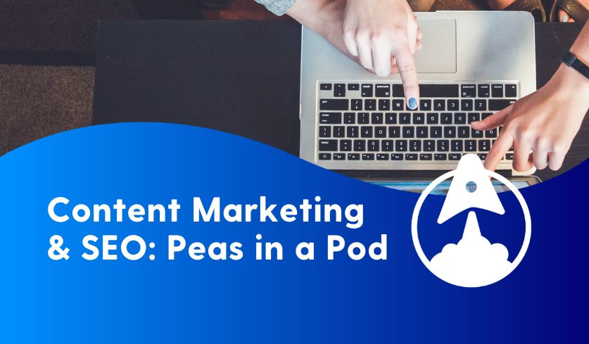 A group of hands can be seen pointing to an open laptop's screen in the upper-right corner of the image. The text on the lower-left of the image says "Content Marketing in SEO: Peas in a Pod." The text appears in white on a blue gradient wave-shaped background.