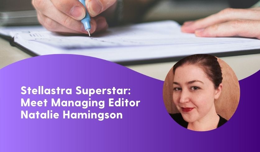 This image features Natalie's headshot on the right side. She is looking into the camera and wearing red lipstick. The text to her left says "Stellastra Superstar: Meet Managing Editor Natalie Hamingson."